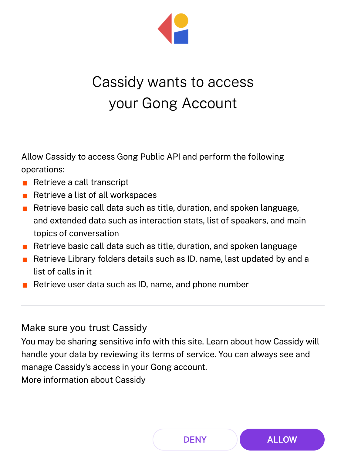 Gong login screen for authorizing the Cassidy connection
