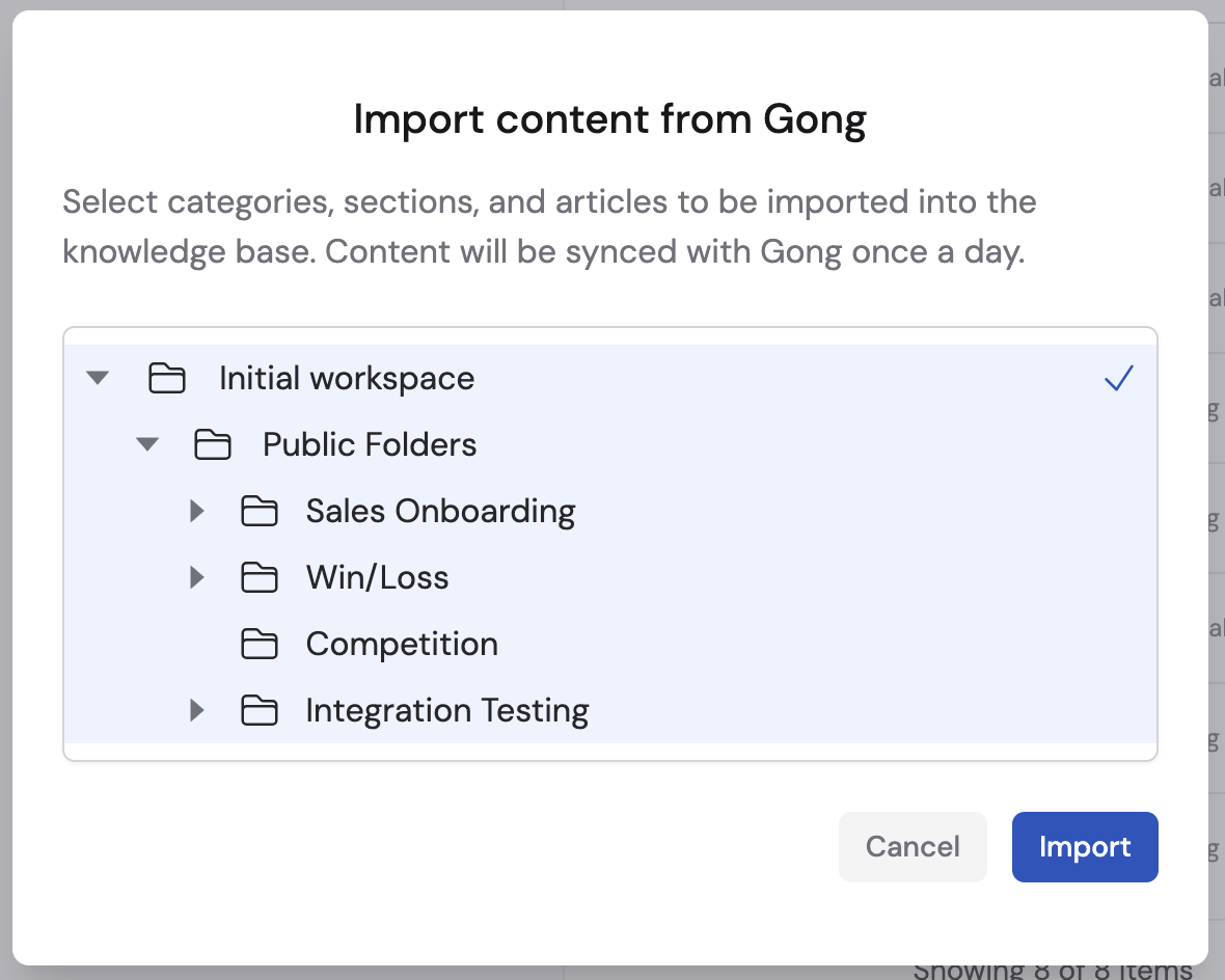 Import content from Gong dialog showing workspaces and folders with checkboxes