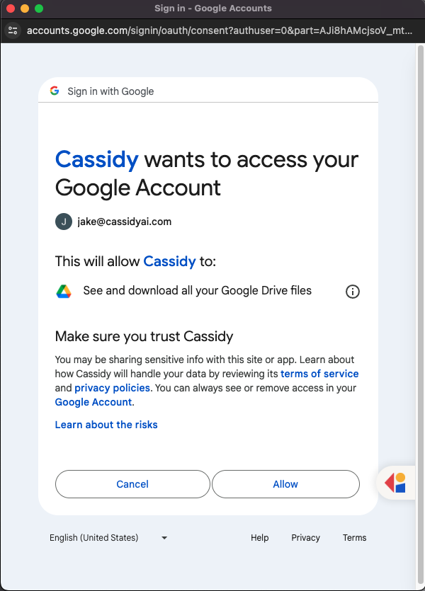 Google account login prompt for Cassidy authorization
