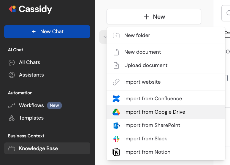 Knowledge Base import section showing Google Drive as a source