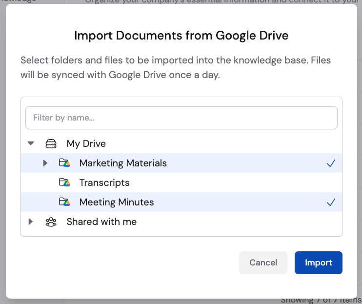 File and folder selection dialog for Google Drive import