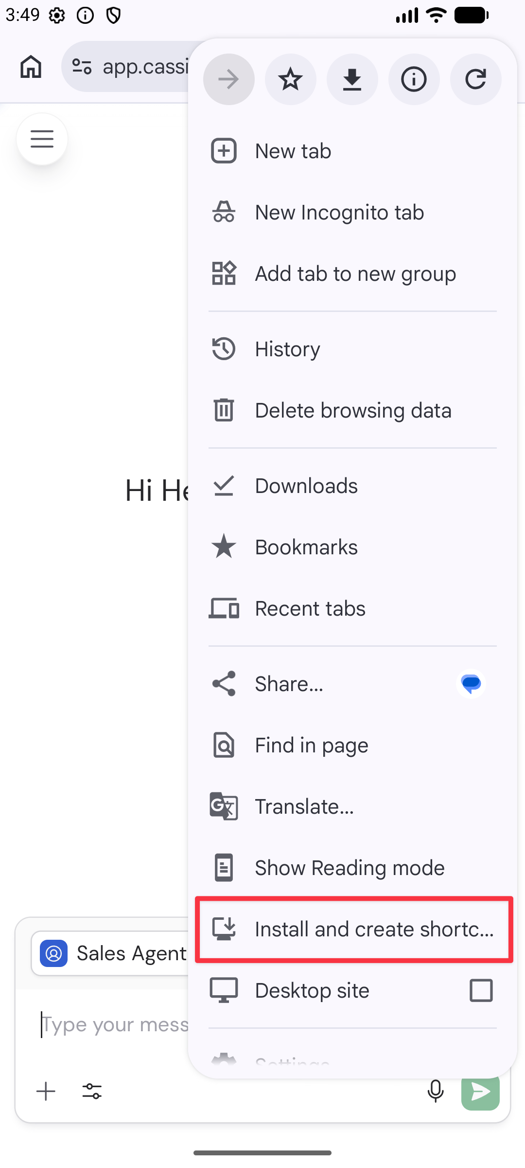 Chrome menu on Android with Install and create shortcut highlighted
