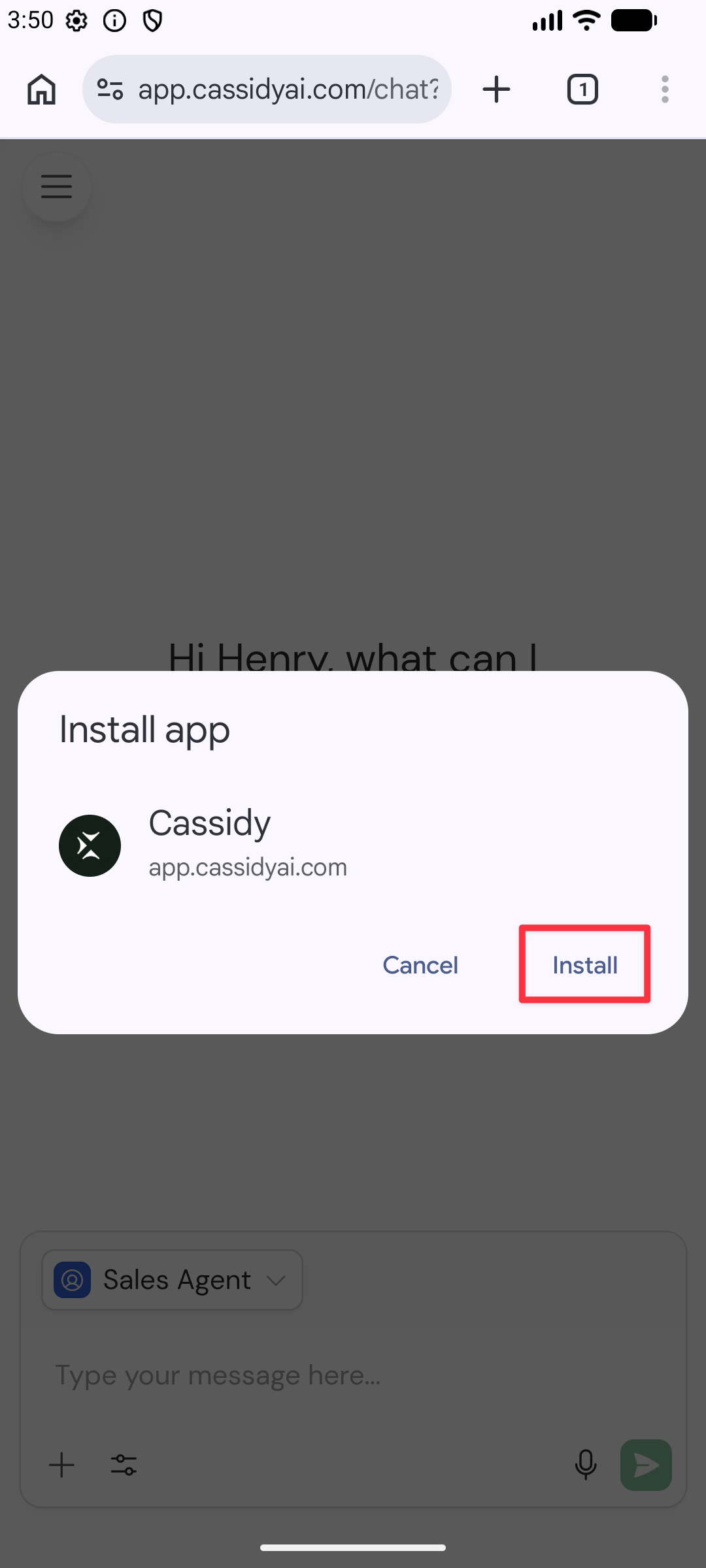 Android Install app dialog showing the Cassidy icon, name, and Install button