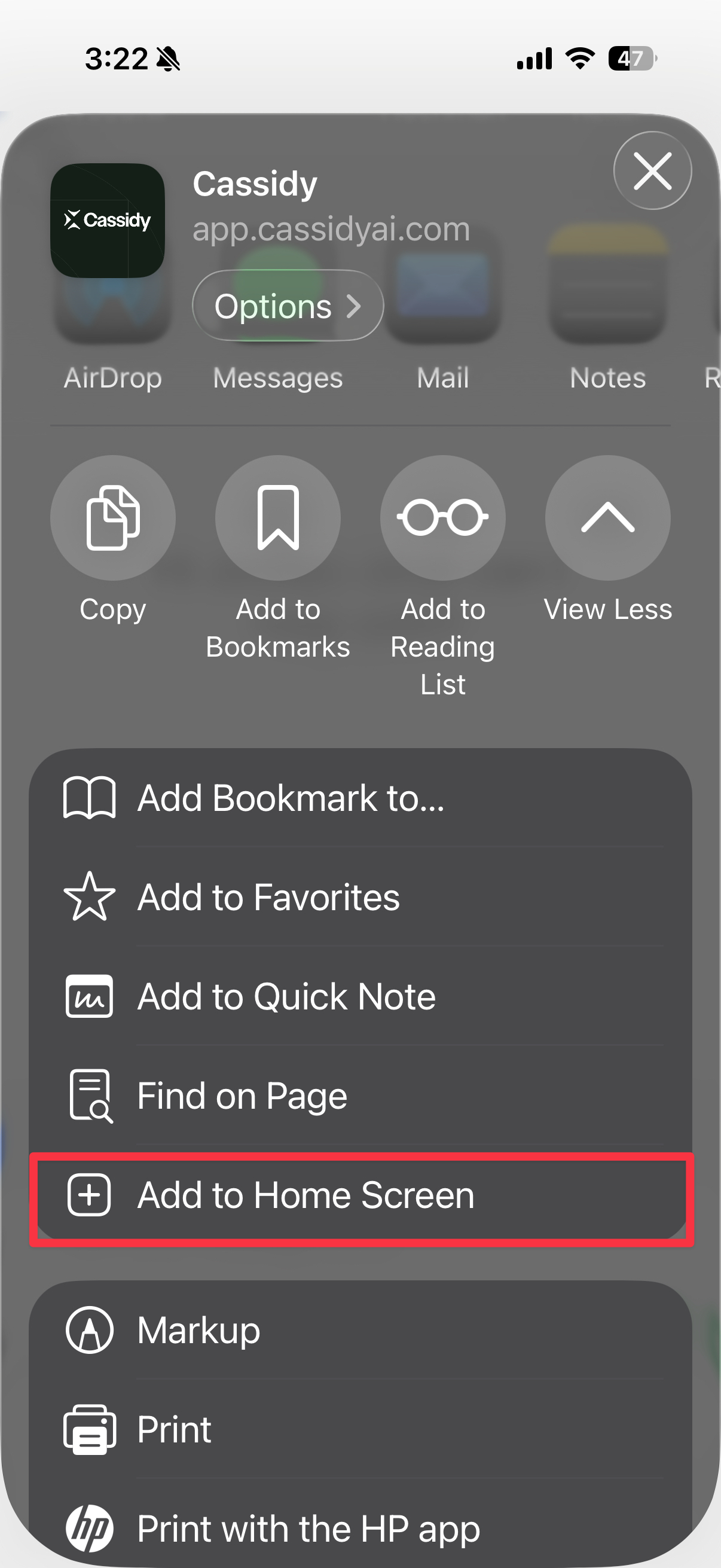 iPhone share sheet scrolled down with Add to Home Screen highlighted