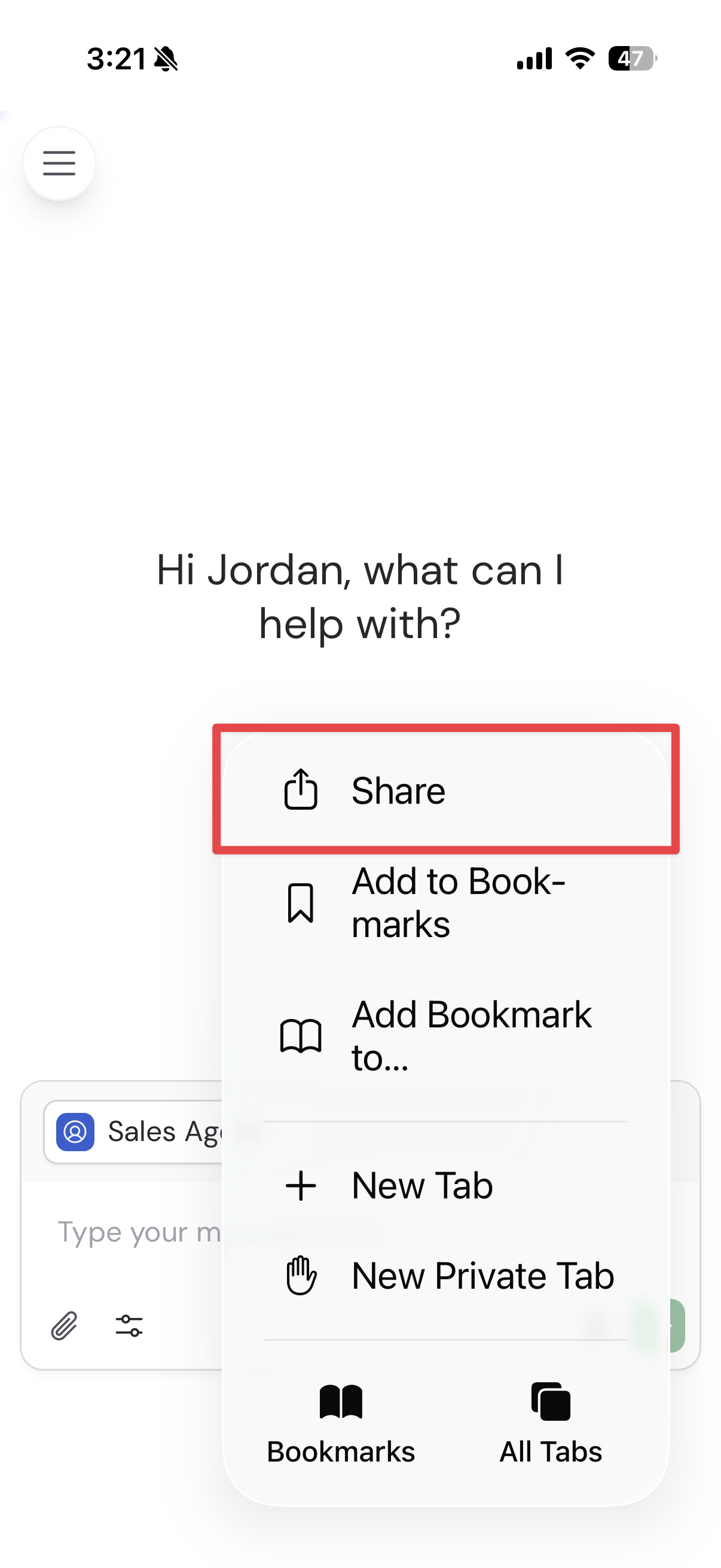 Safari menu on iPhone with Share highlighted