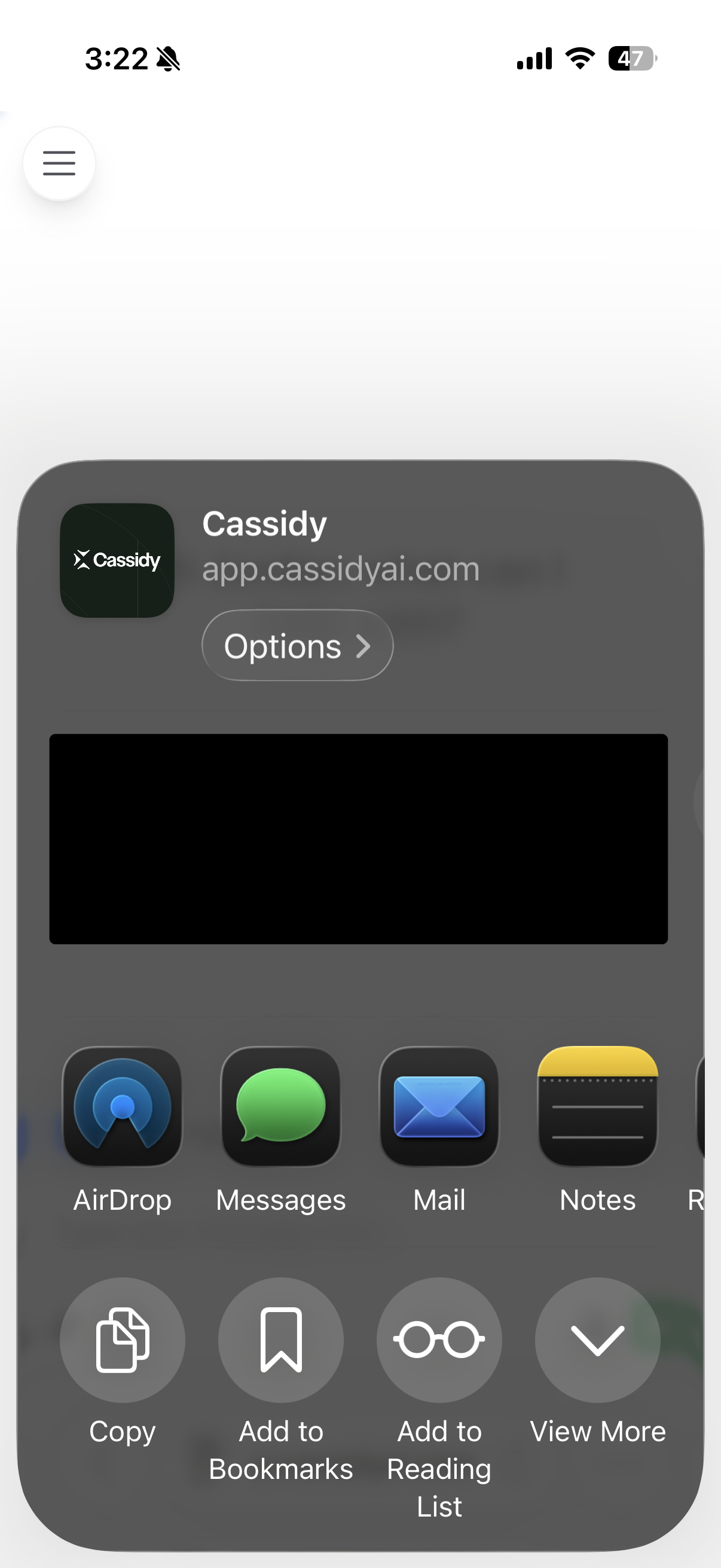 iPhone share sheet showing AirDrop, Messages, Mail, and other sharing options