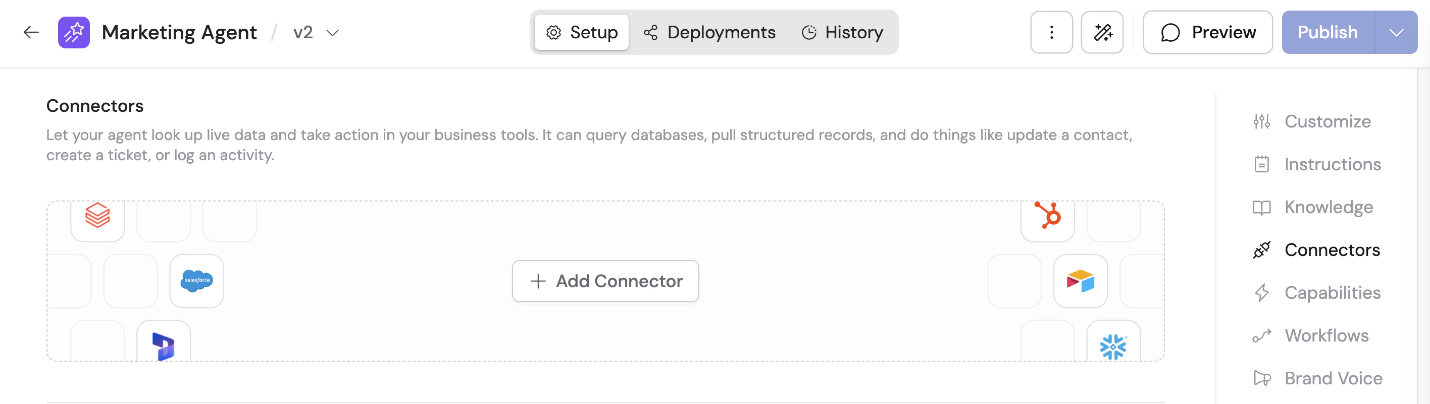Agent Setup tab showing the Connectors section for Outlook