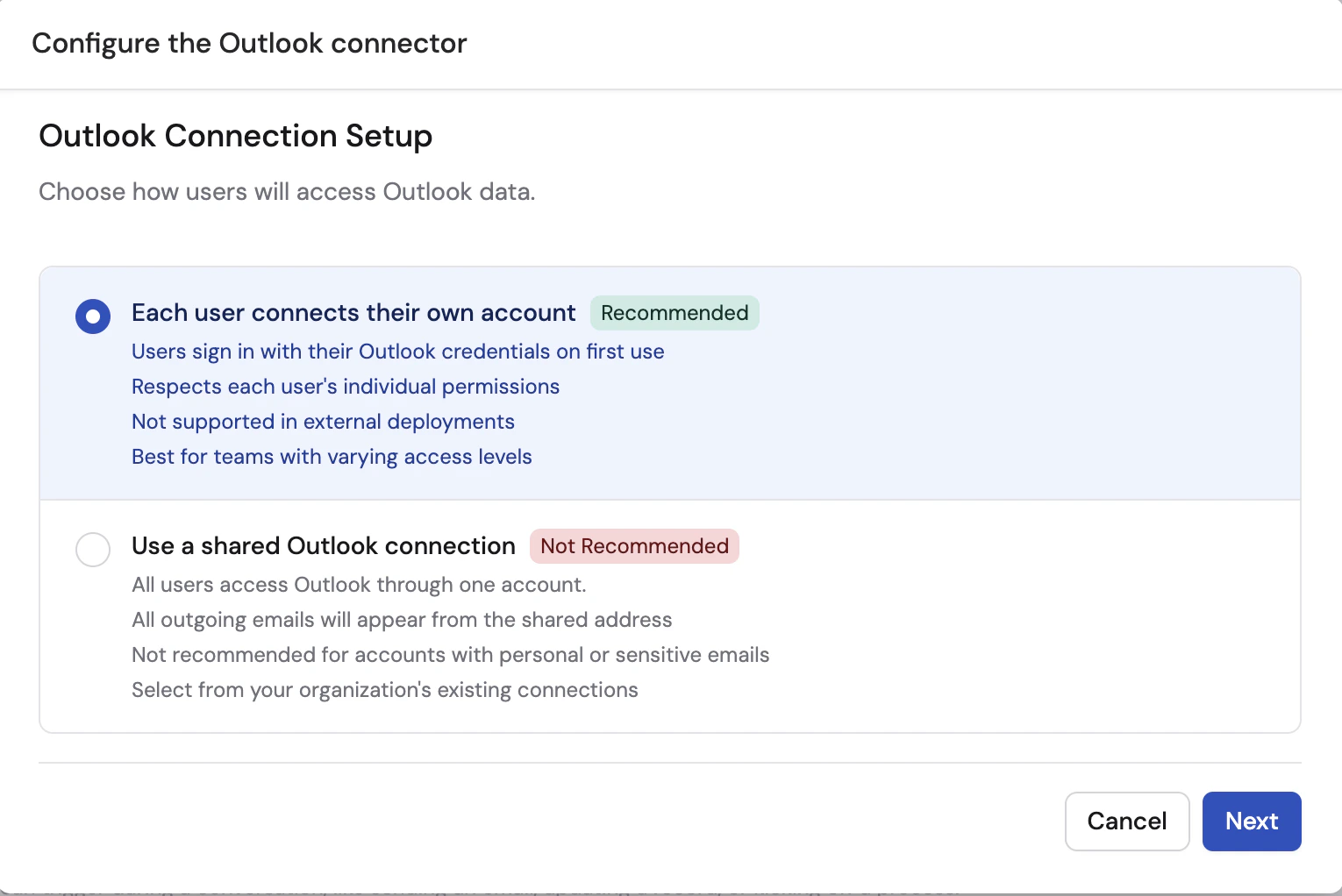 Connection setup screen showing recommended per-user access and a shared connection option for Outlook