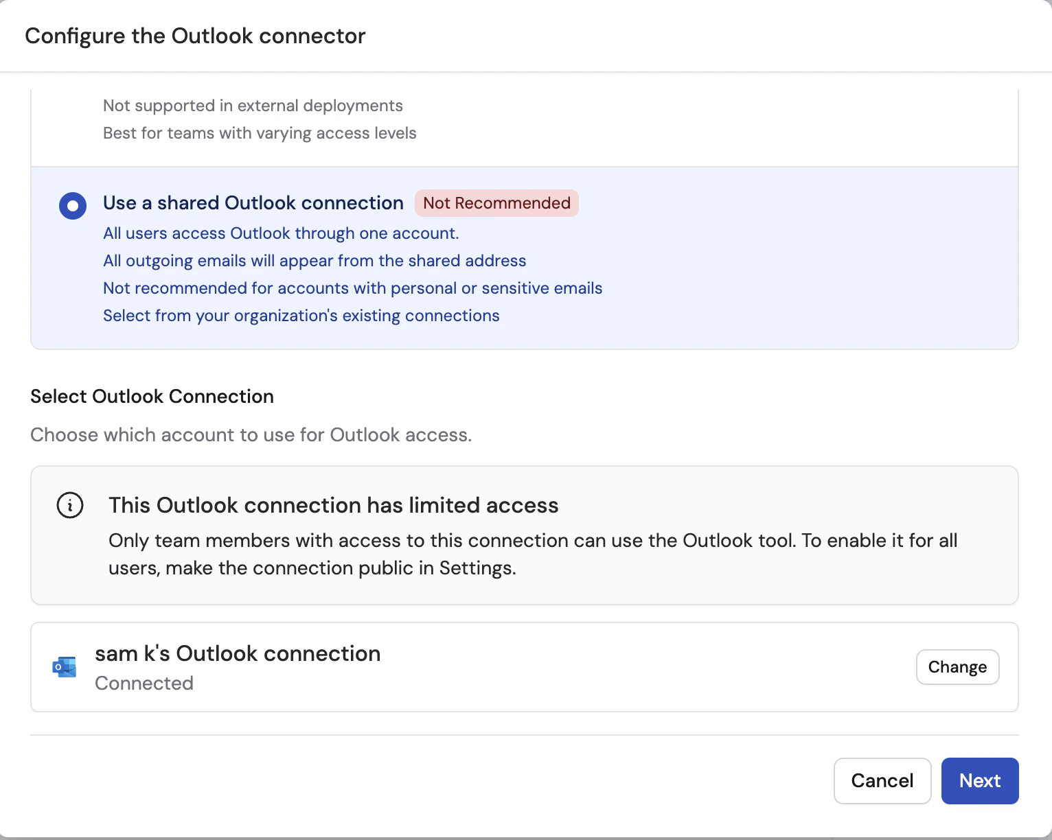 Shared Microsoft Outlook connection setup screen with a button to connect the account