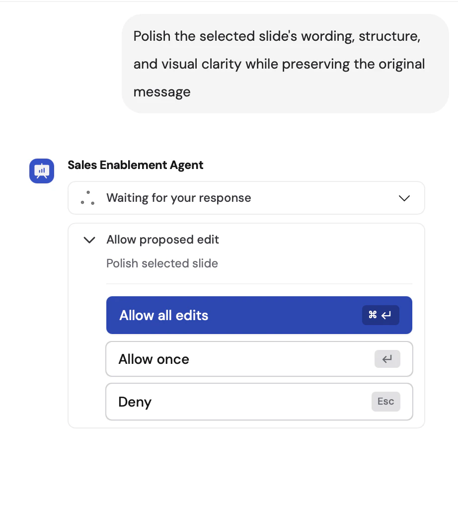 Cassidy approval card in PowerPoint with Allow all edits, Allow once, and Deny options