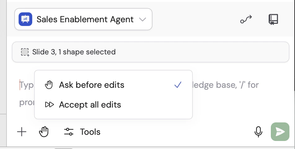 PowerPoint extension edit permission dropdown with Ask before edits and Accept all edits options
