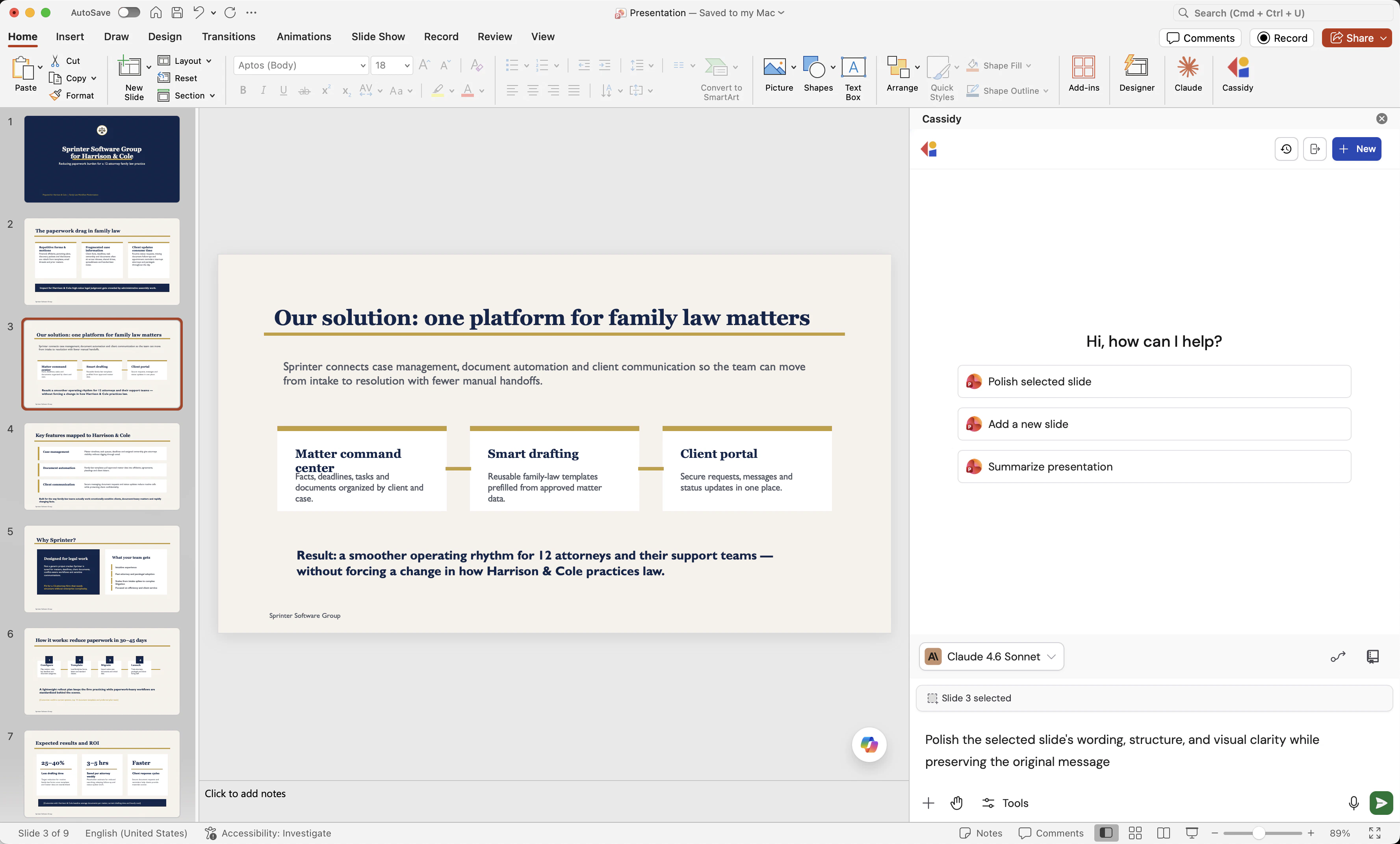 Cassidy side panel in PowerPoint with a prompt to tighten bullets on the selected slide