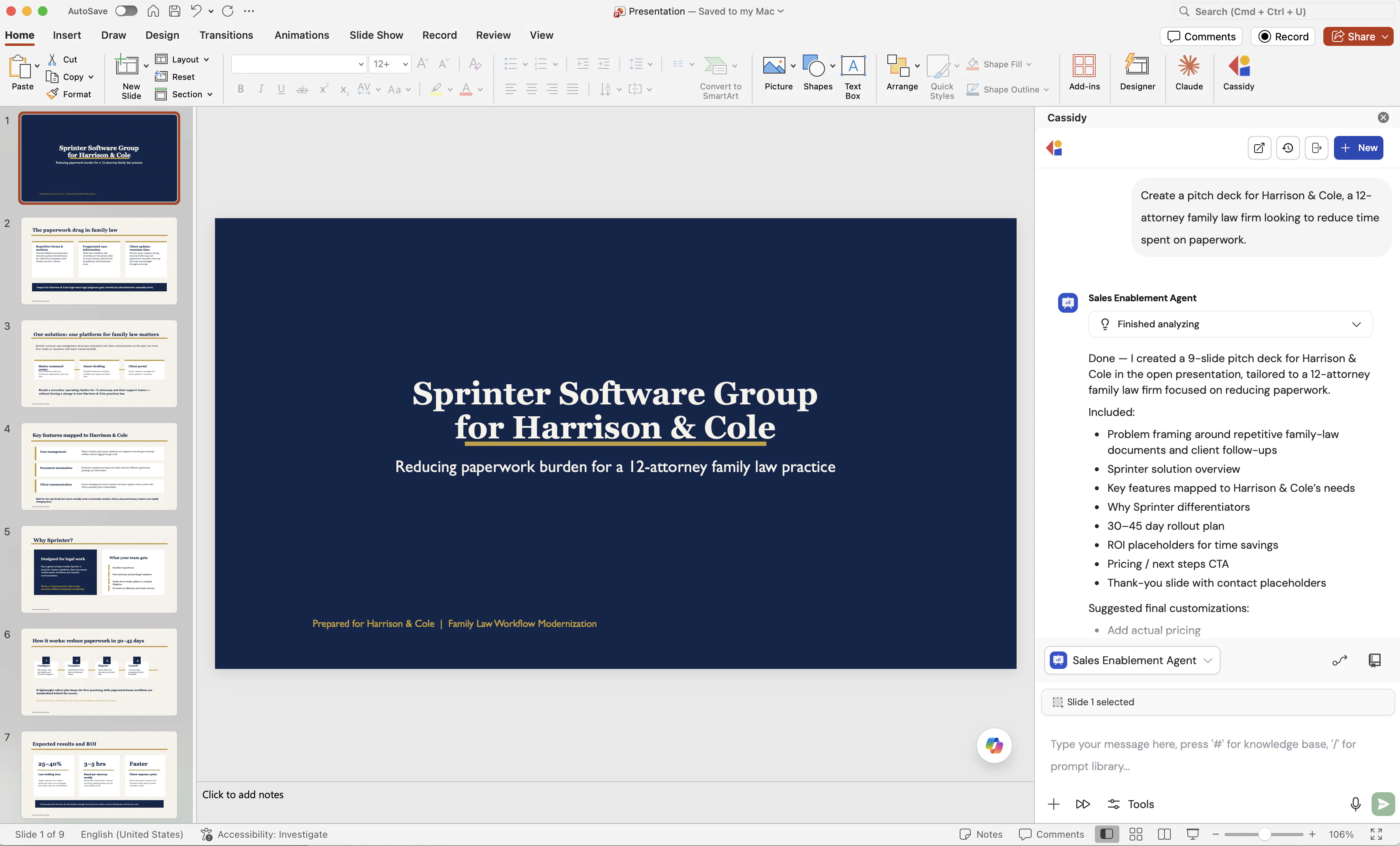 PowerPoint presentation with a slide edited by a Cassidy Agent in the side panel