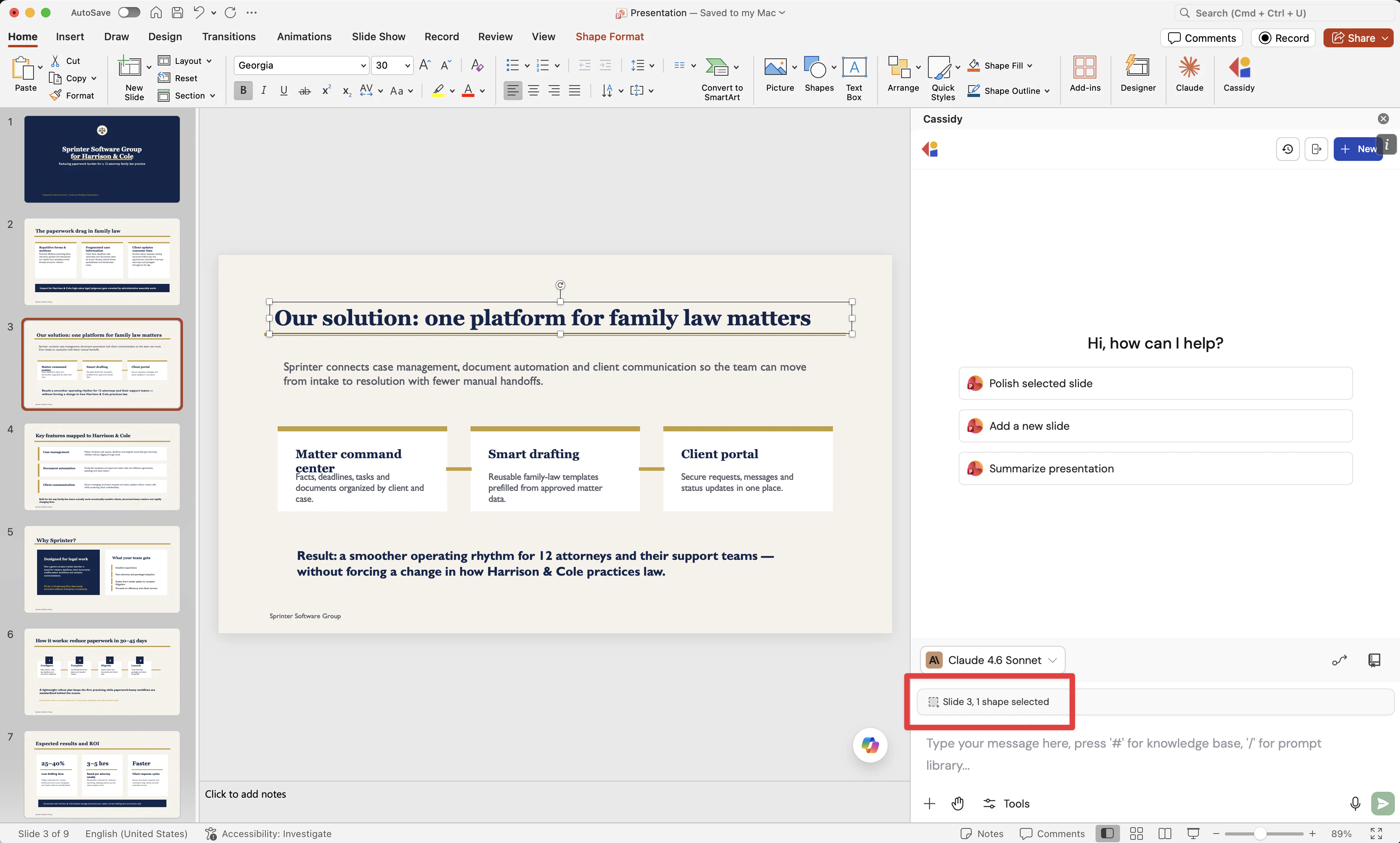 PowerPoint with selected slides shown in the Cassidy side panel