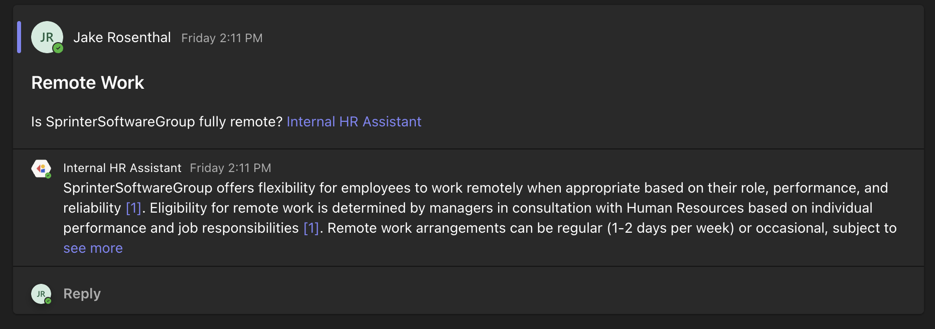 Microsoft Teams channel showing an Agent mentioned with @ in a post