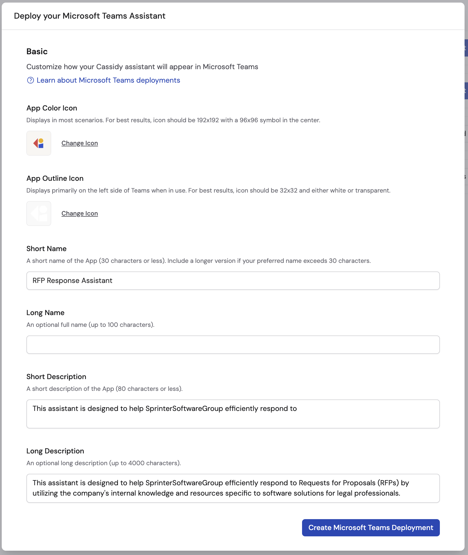 Microsoft Teams deployment configuration showing icon, name, and description fields