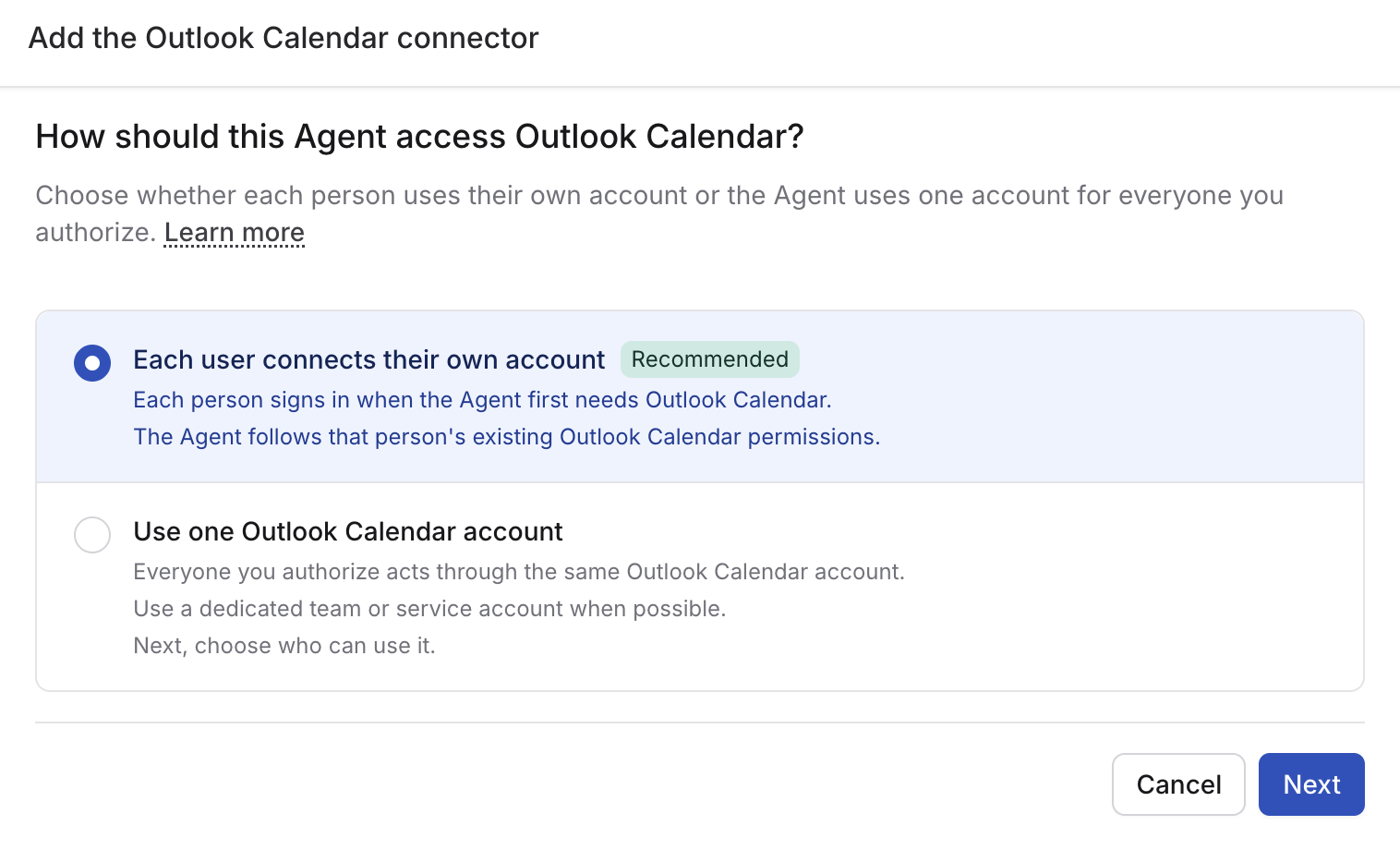 Outlook Calendar connection setup with per-user access recommended and a shared account option