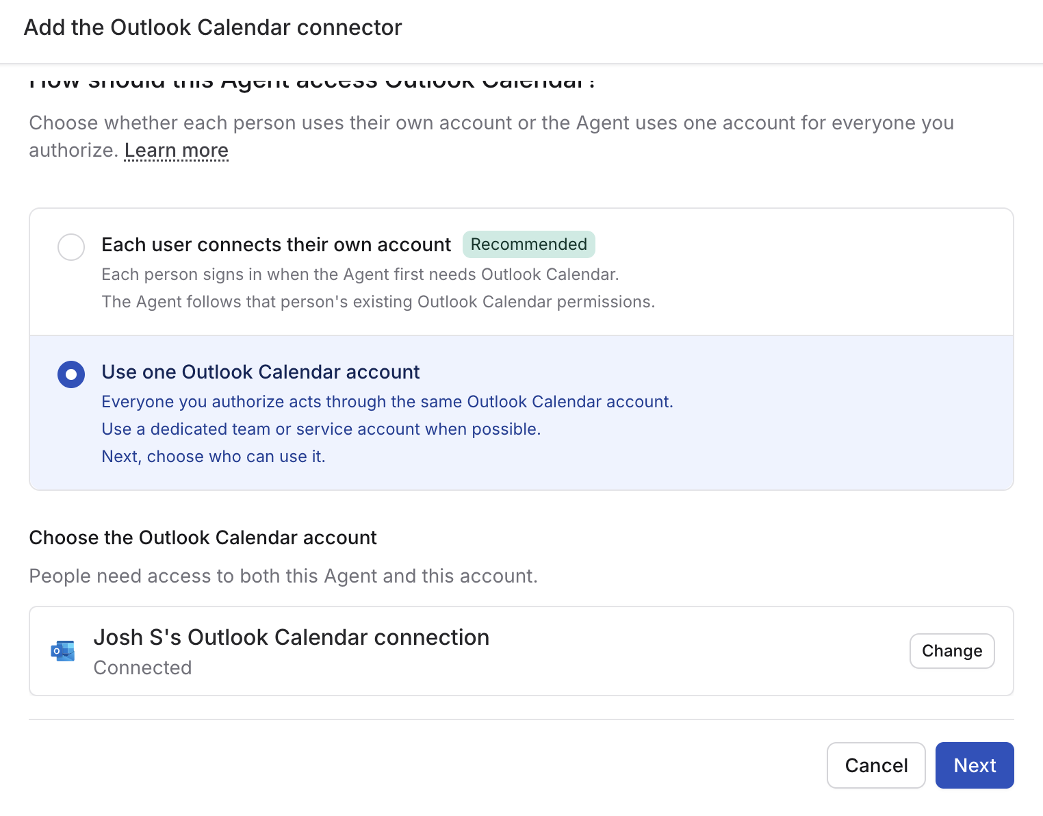 Shared Outlook Calendar account selected for the Agent, with a Change button