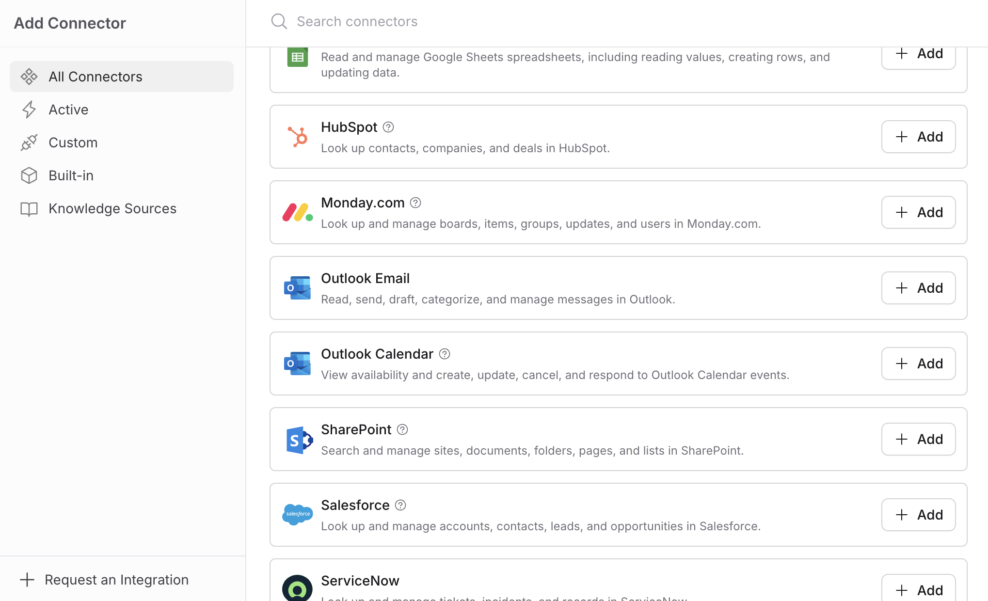 Connector picker showing Outlook Calendar and Outlook Email with separate Add buttons