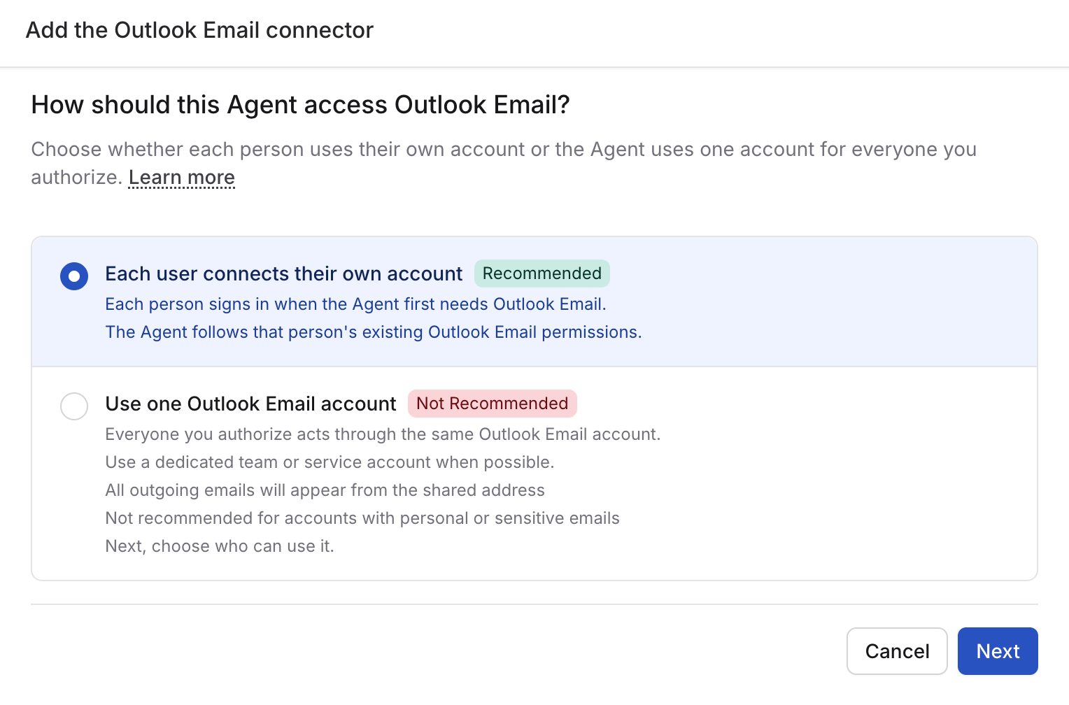 Connection setup screen showing recommended per-user access and a shared connection option for Outlook Email