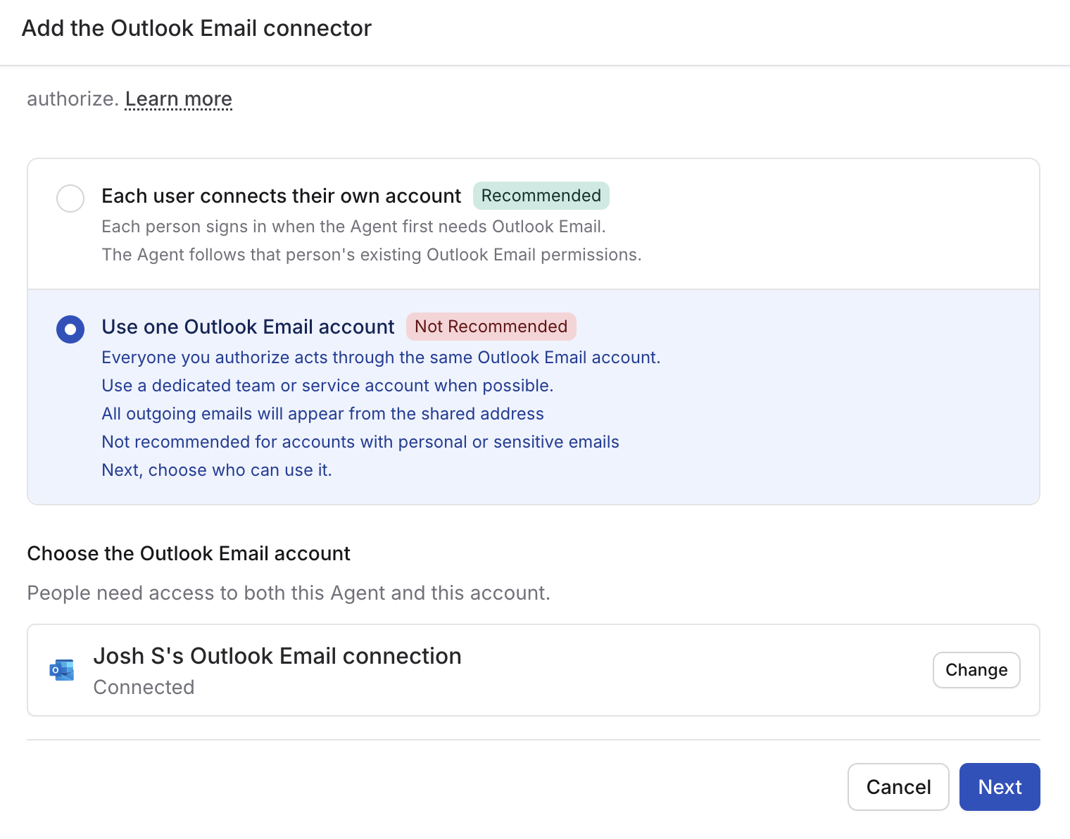 Shared Outlook Email account selected for the Agent, with a Change button