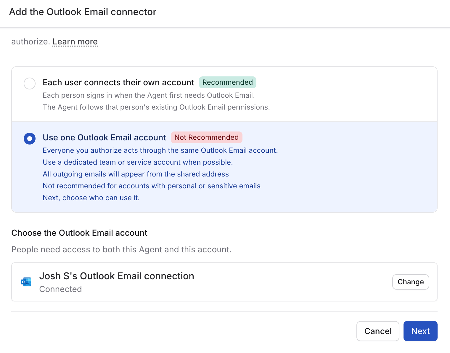 Shared Outlook Email account selected for the Agent, with a Change button