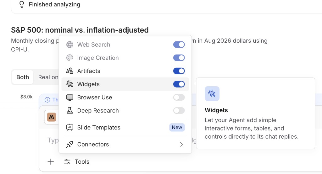 Chat tools menu with the Widgets capability enabled and its description visible