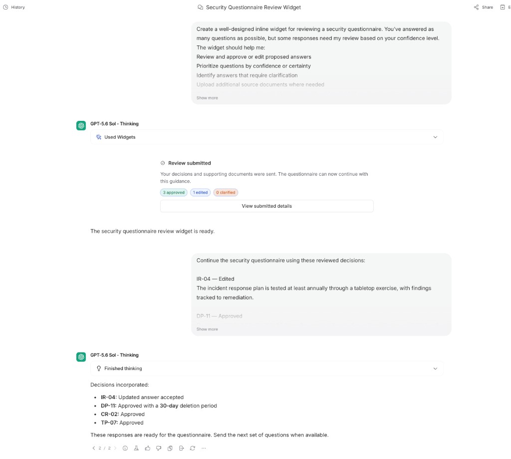 Submitted security questionnaire review Widget showing approved and edited decision counts, a control to view submitted details, the follow-up message, and the Agent continuing with the reviewed decisions