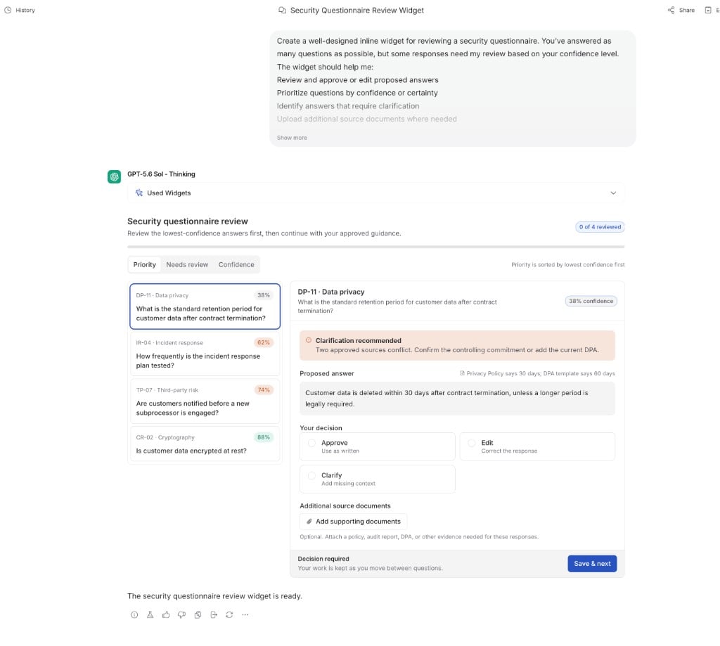 Agent reply containing a security questionnaire review Widget with a prioritized review queue, confidence labels, source context, decision controls, supporting-document upload, and save action