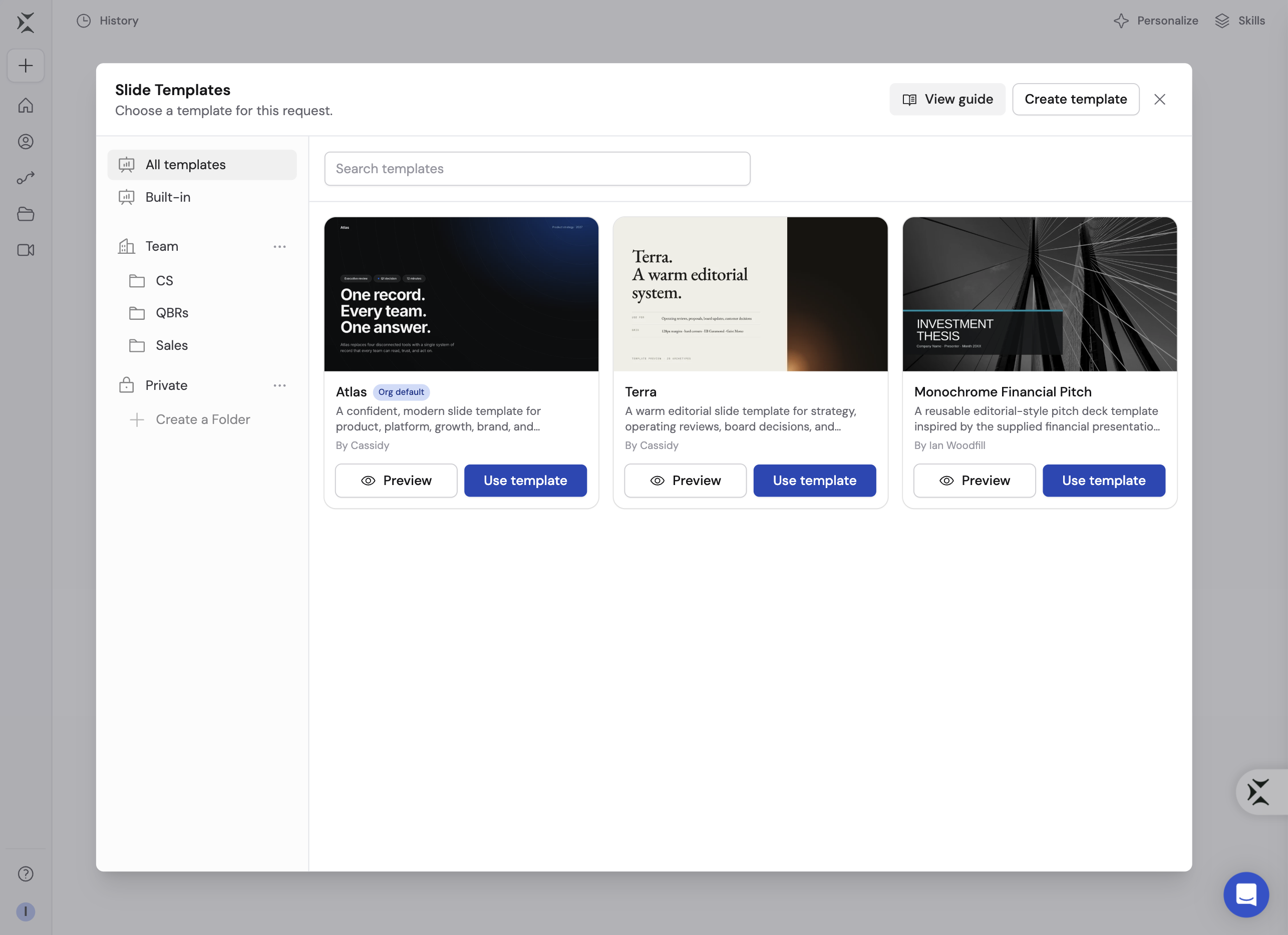 Slide Templates library showing All templates, Built-in, Team, Private, shared folders, and available template cards