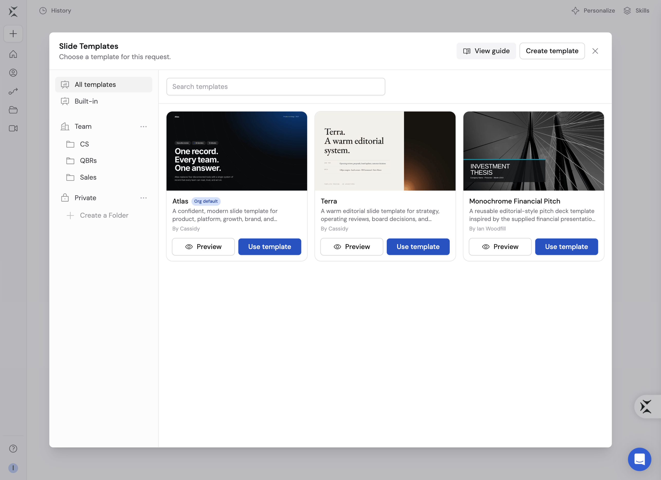 Slide Templates library opened from the Tools menu in an Agent chat