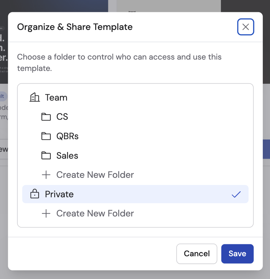Organize and Share Template dialog showing Team folders, Private, and create folder options