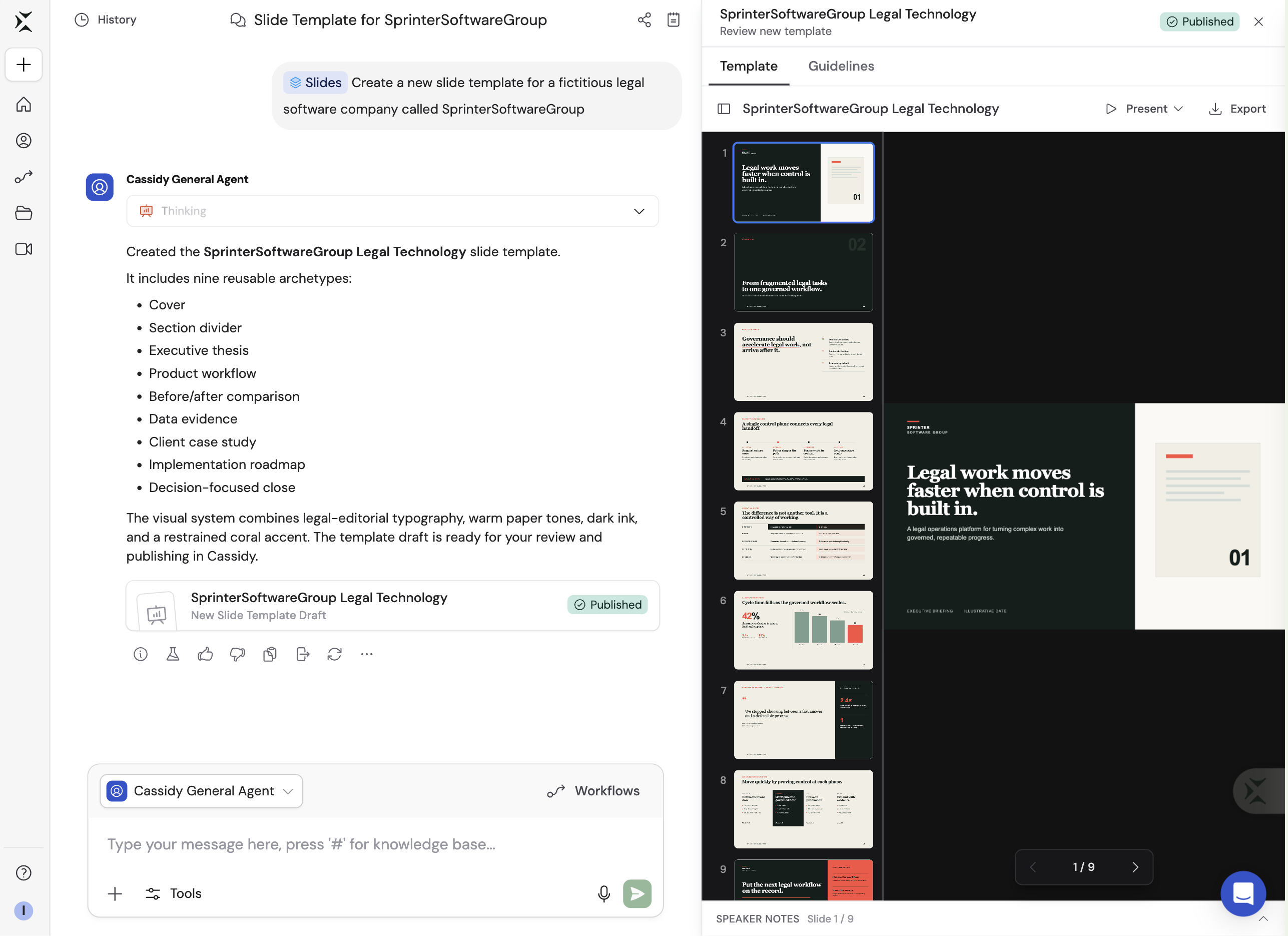 Published slide template shown in Chat with its presentation preview and published status
