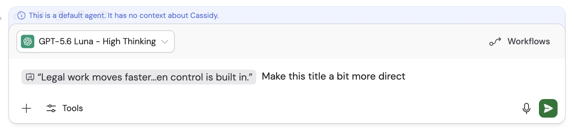 A selected slide headline attached to a focused revision request in the Chat message box