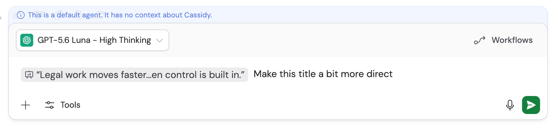 A selected slide headline attached to a focused revision request in the Chat message box