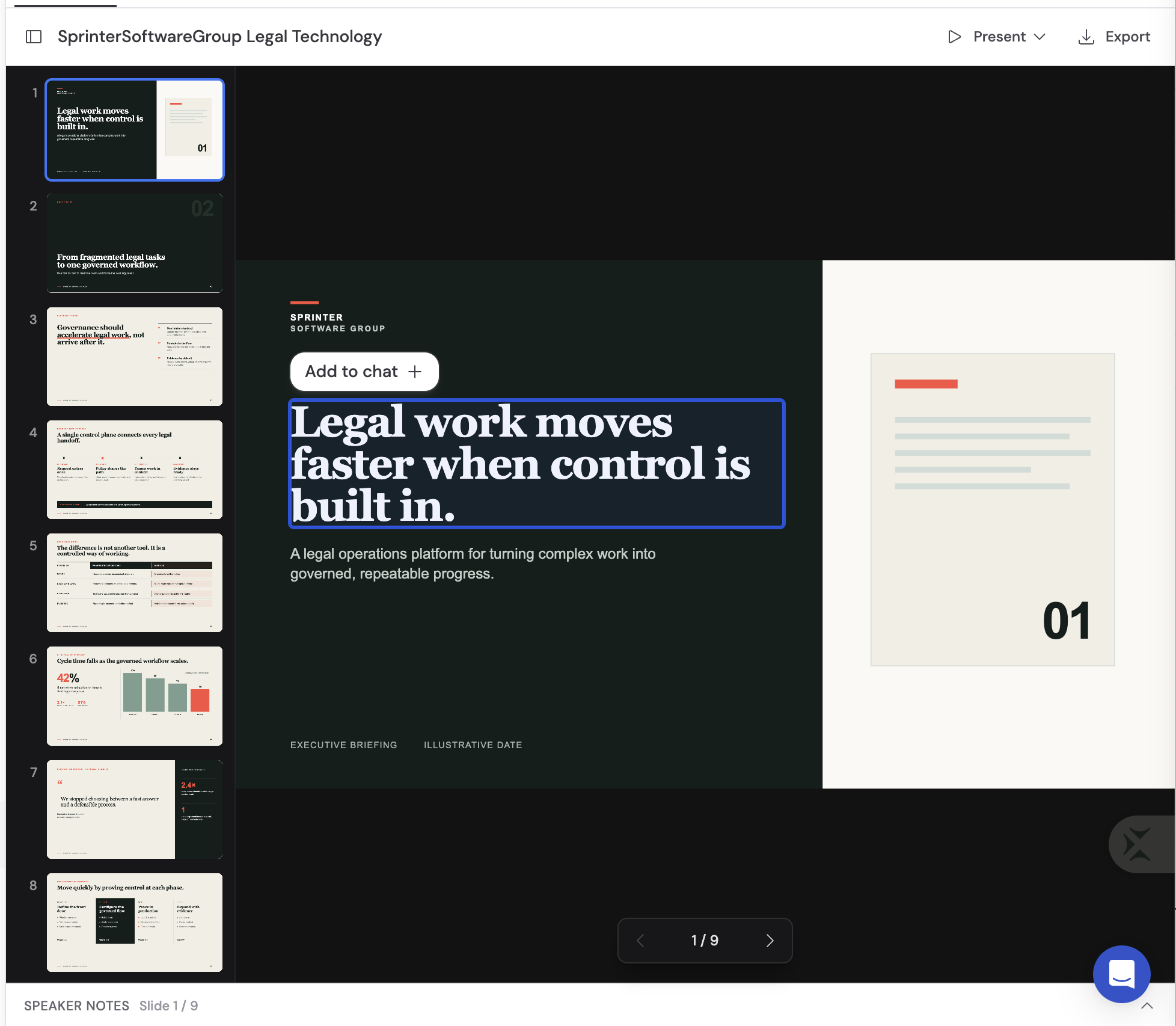 A headline selected in the slide preview with its outline and Add to chat button visible