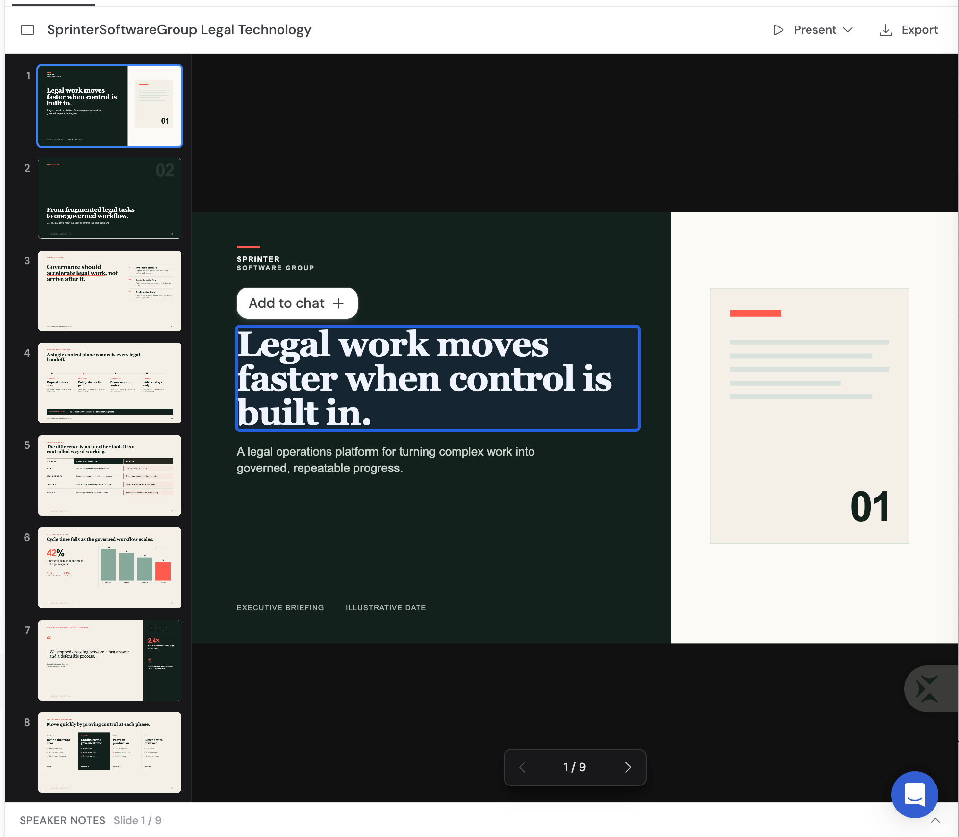 A headline selected in the slide preview with its outline and Add to chat button visible