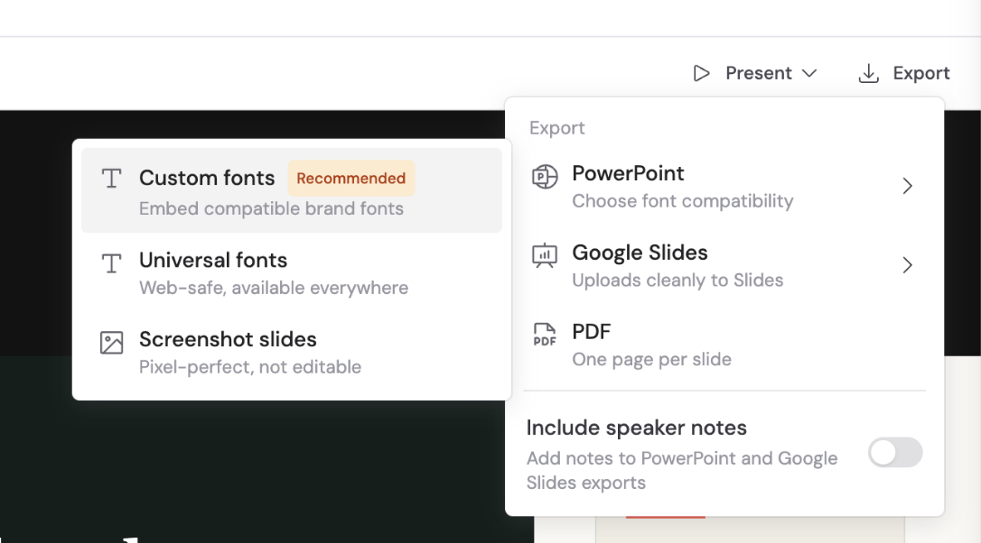 Cassidy Slides export menu showing PowerPoint, Google Slides, PDF, speaker notes, and PowerPoint font compatibility options