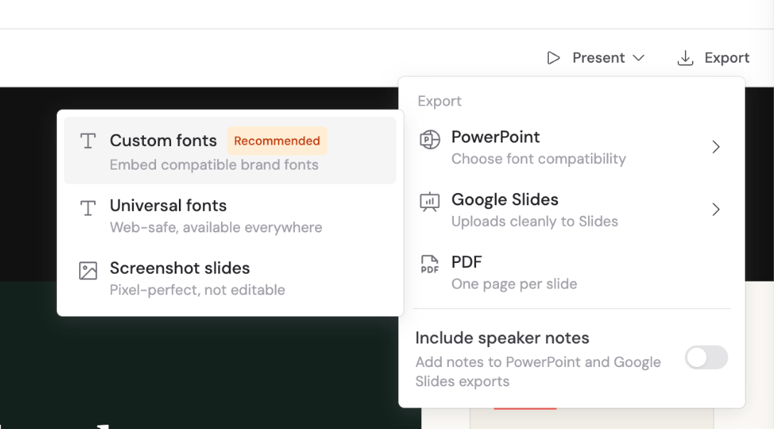 Cassidy Slides export menu showing PowerPoint, Google Slides, PDF, speaker notes, and PowerPoint font compatibility options