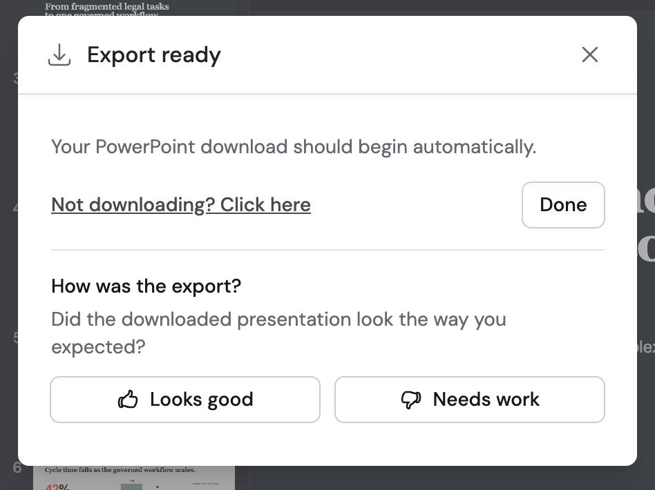Export ready dialog showing automatic download guidance, a manual download link, and export quality feedback controls