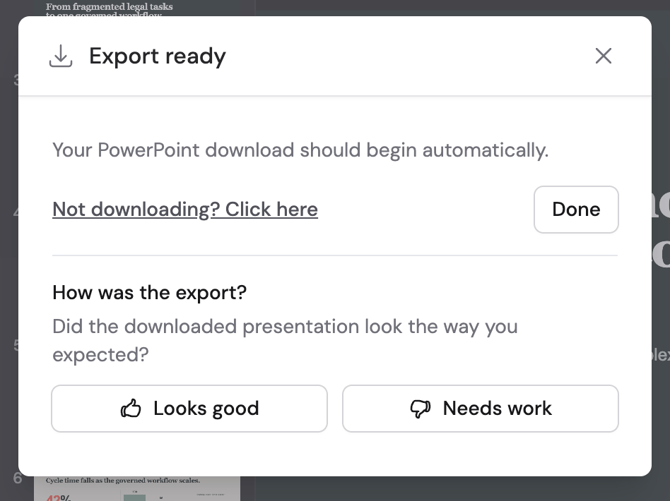 Export ready dialog showing automatic download guidance, a manual download link, and export quality feedback controls