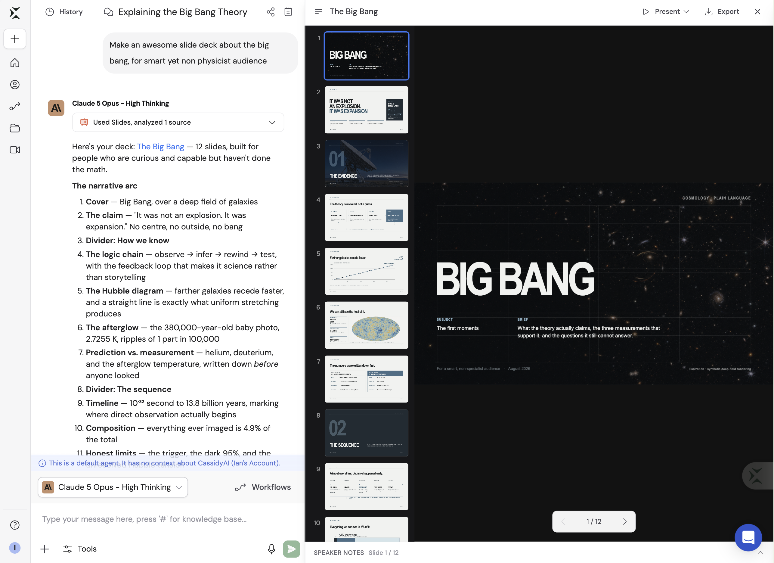A finished Cassidy Slides presentation open beside Chat with slide thumbnails and the presentation toolbar