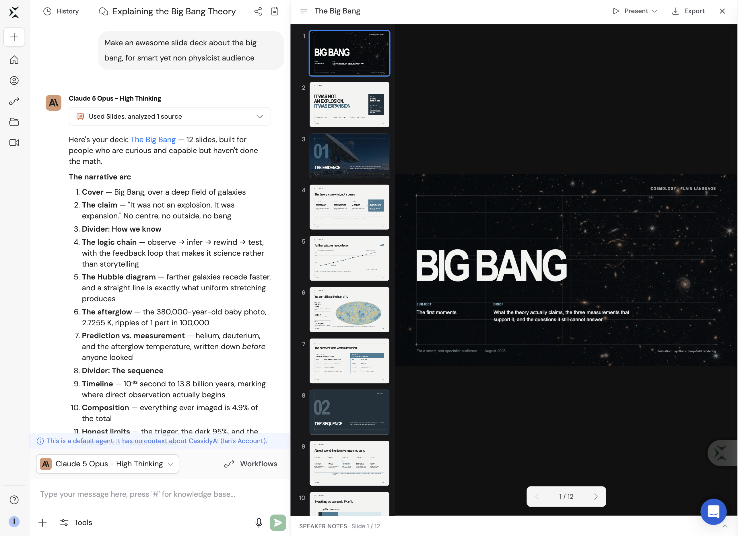 A finished Cassidy Slides presentation open beside Chat with slide thumbnails and the presentation toolbar