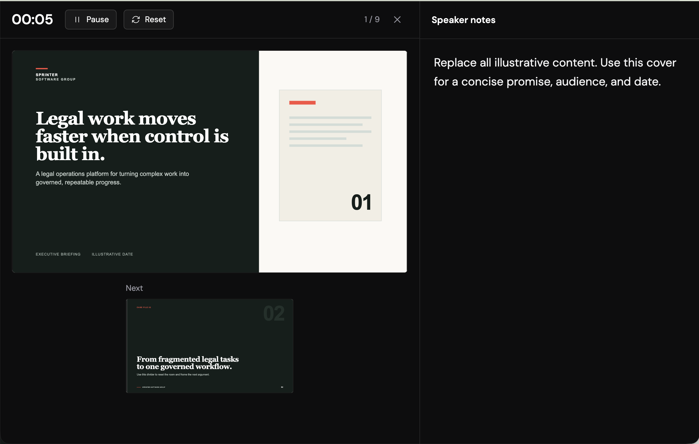 Presenter view showing the elapsed timer, current slide, next slide, navigation controls, and speaker notes