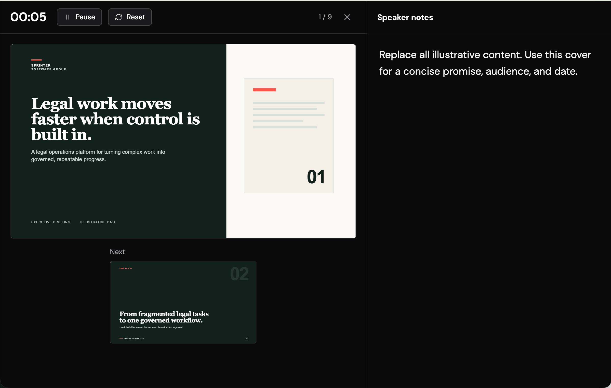 Presenter view showing the elapsed timer, current slide, next slide, navigation controls, and speaker notes