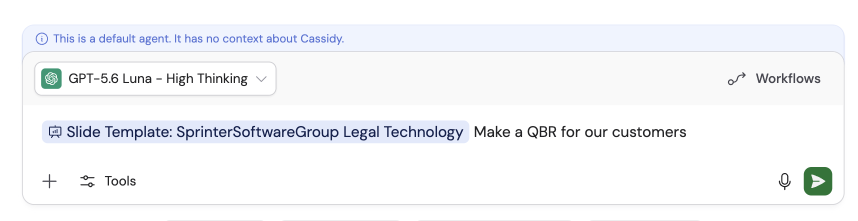 A selected slide template attached to a presentation request in the Chat message box