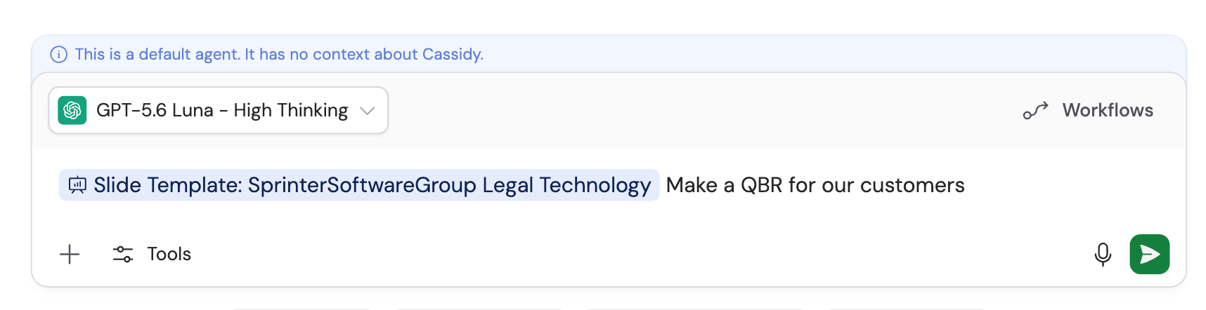 A selected slide template attached to a presentation request in the Chat message box