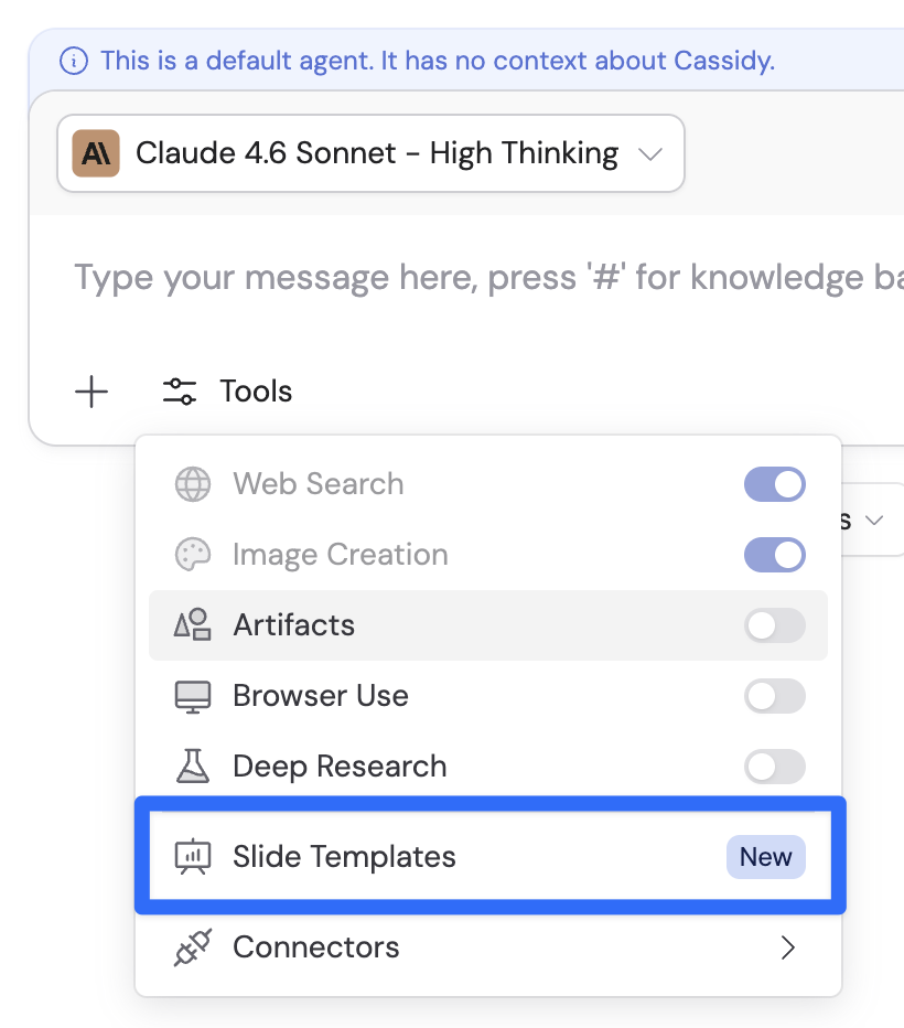 Tools menu in an Agent chat with Slide Templates highlighted