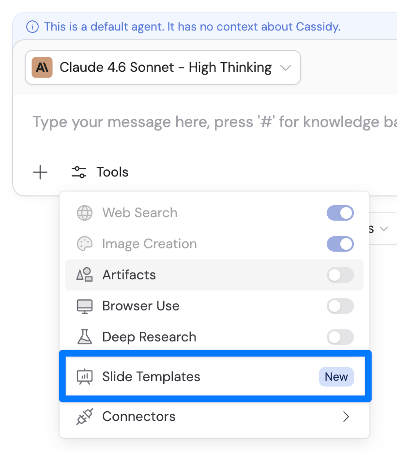 Tools menu in an Agent chat with Slide Templates highlighted