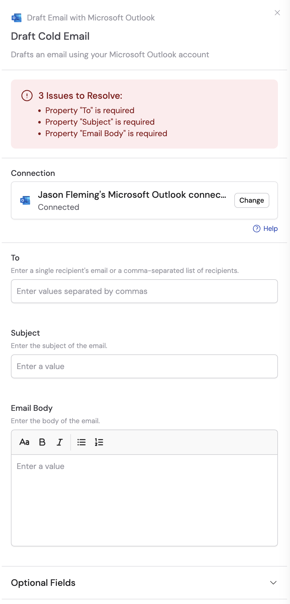 Adding a Microsoft Outlook connection for the action